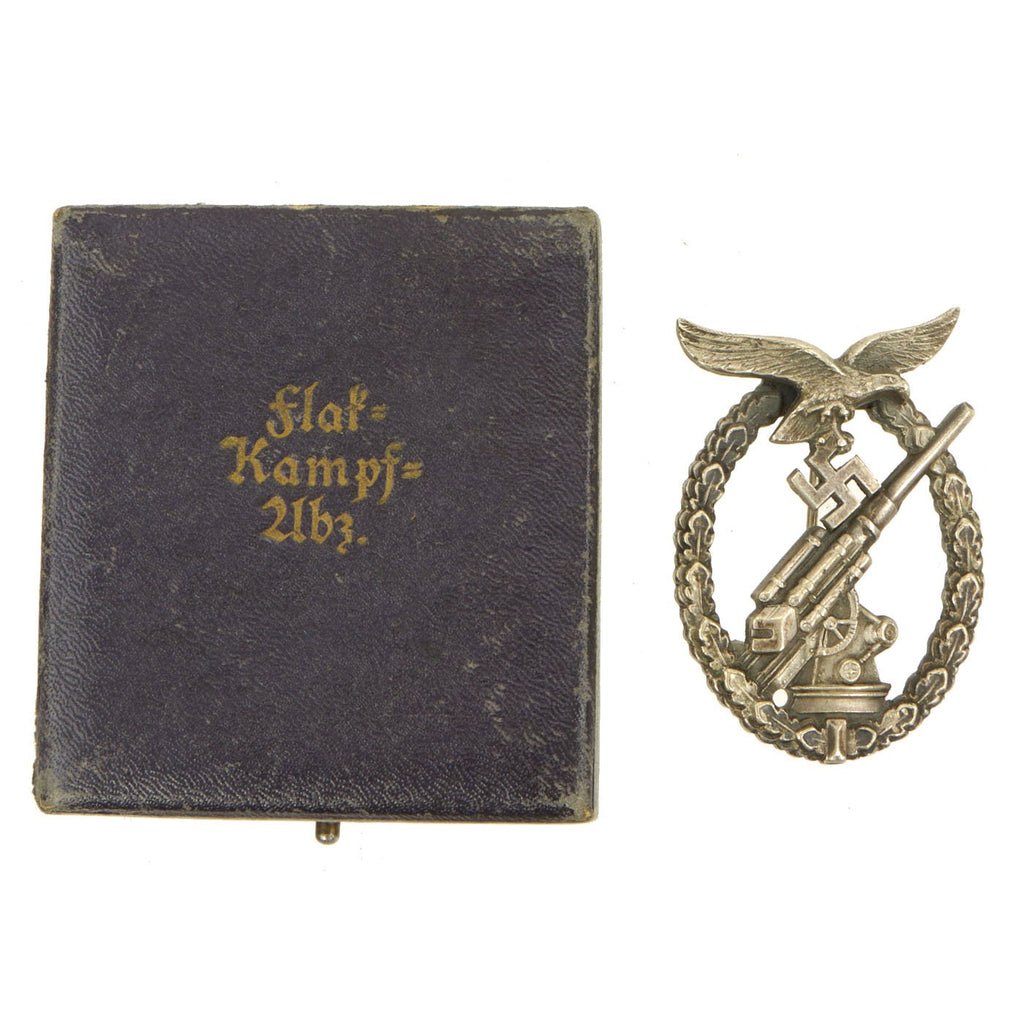 Original German WWII Early Luftwaffe Anti-Aircraft Flak Battle Badge by C.F. Juncker in Original Case Original Items