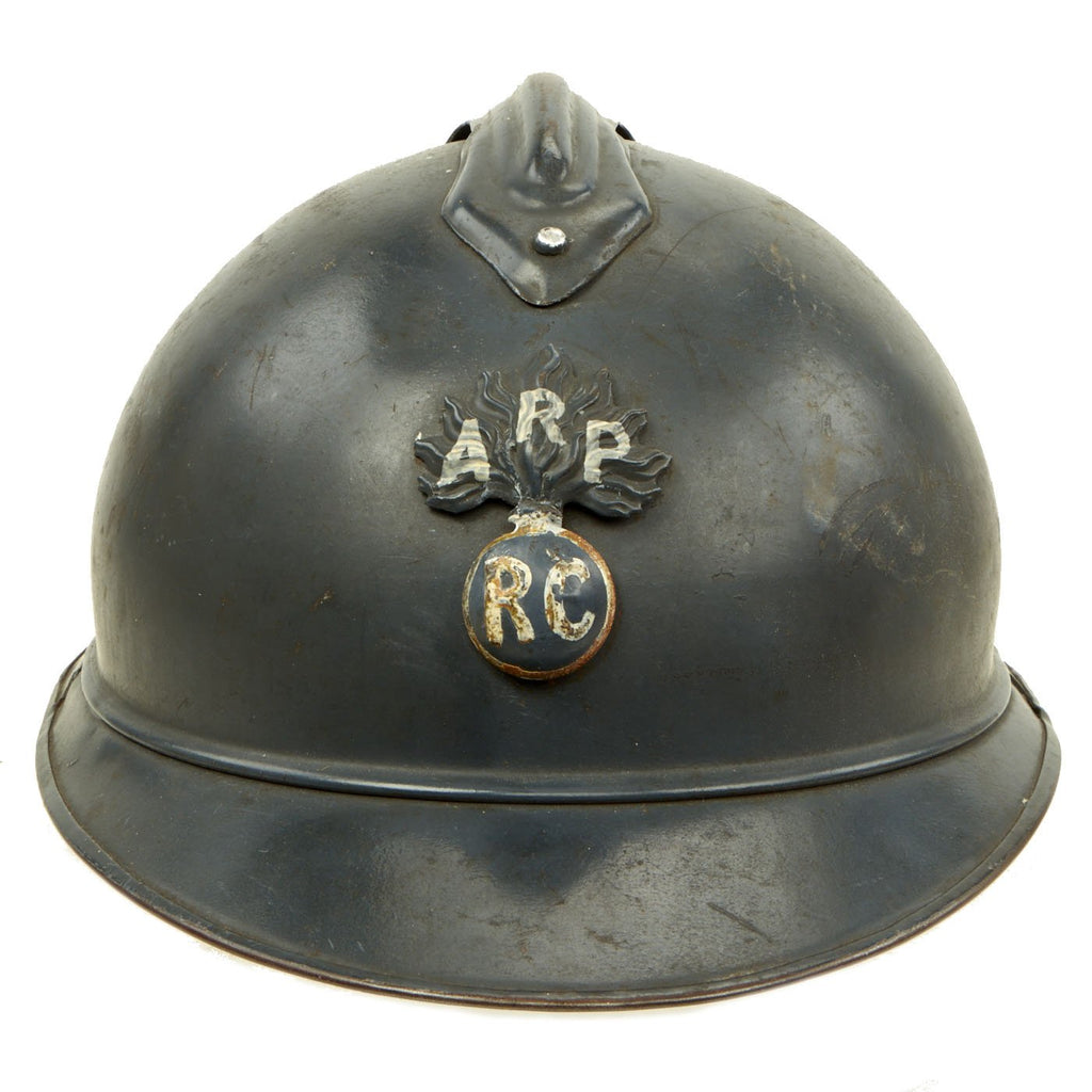 Original French WWI Early Issue Model 1915 Adrian Helmet in Horizon Blue with Infantry Badge and Unit Markings Original Items