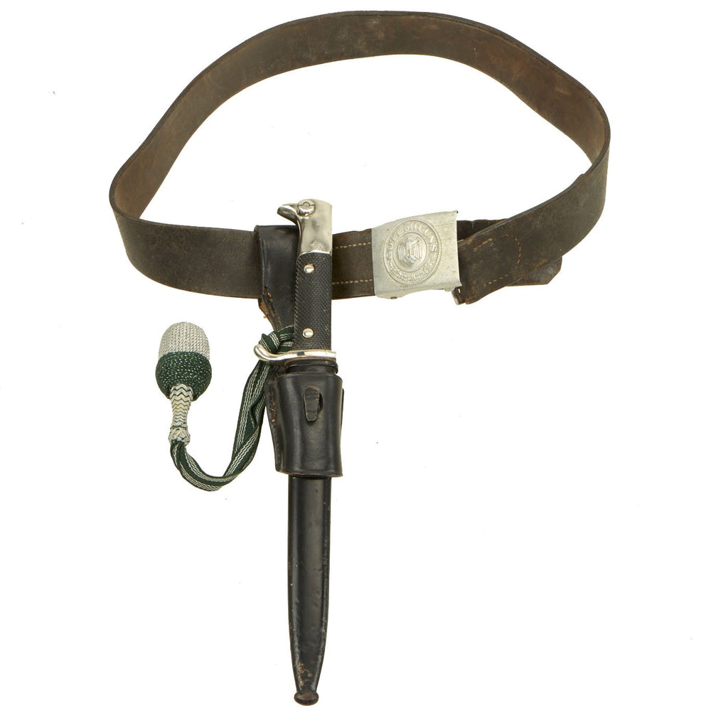Original German WWII Army Heer NCO Belt with Pebbled Aluminum Buckle & 98k Dress Bayonet w/ NCO Troddel Original Items