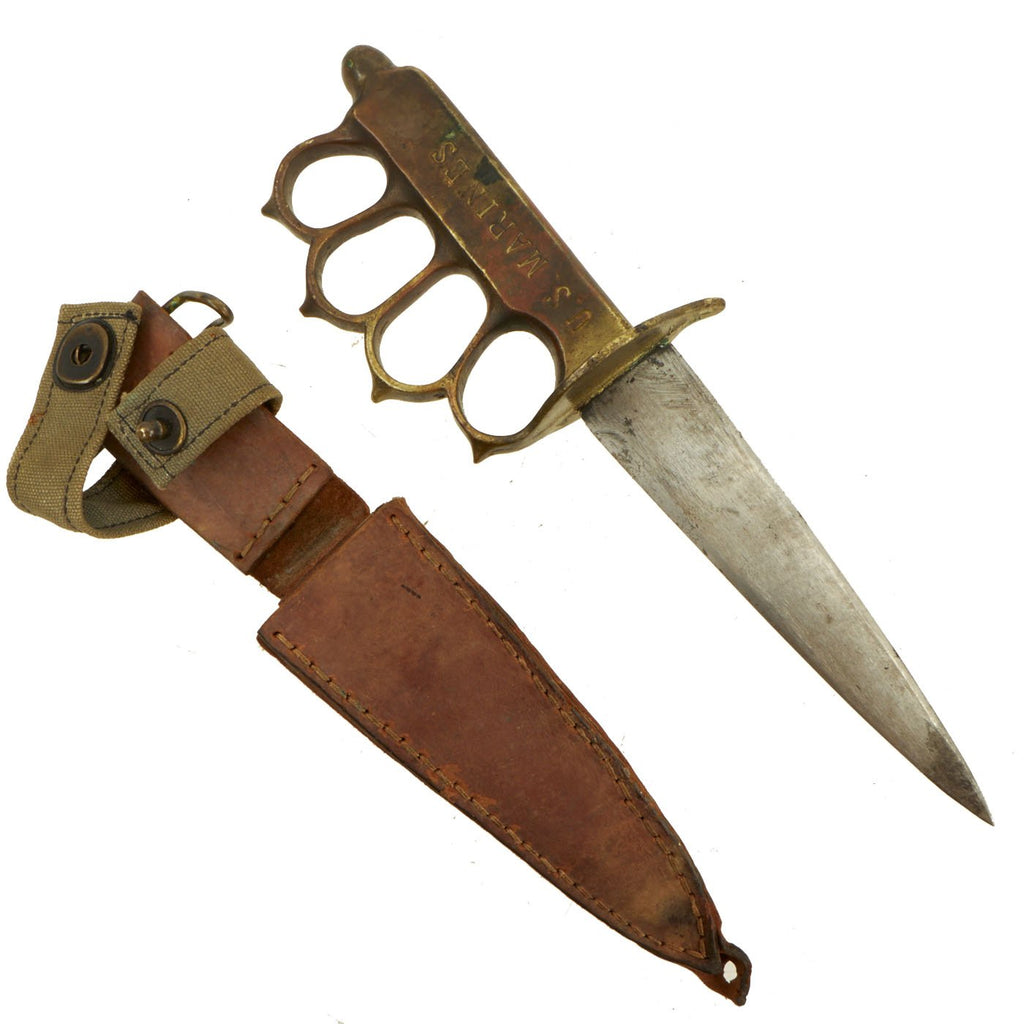 Original U.S. WWII Named U.S.M.C. Knuckle Knife made from M1917 Trench Knife Grip with Scabbard Original Items