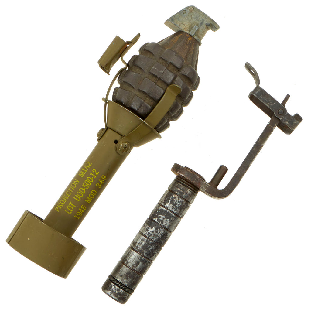 Original U.S. WWII Inert MkII Pineapple Grenade in 1945 dated M1 Rifle Grenade Adapter with M7 M1 Garand Launcher Original Items
