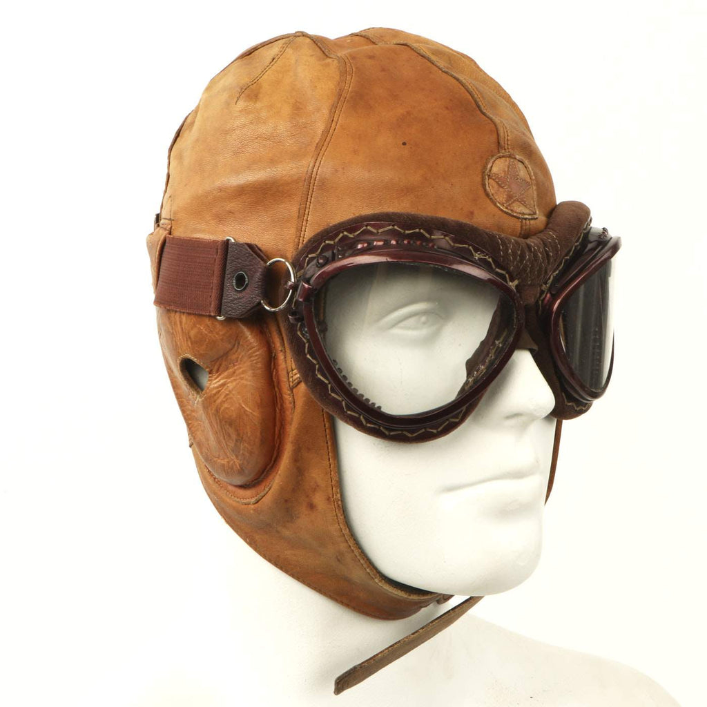Original Japanese WWII Leather Flying Helmet with Pilot Goggles in Case Original Items