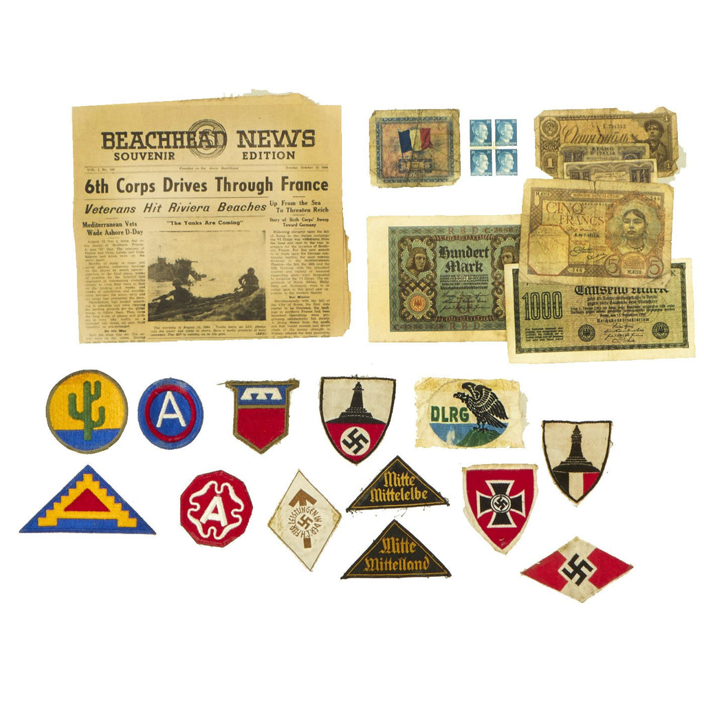 Original U.S. WWII Back Scrapbook Contents - German Patches, American Patches, Newspapers, Currency Original Items