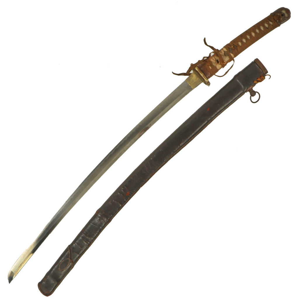 Original WWII Japanese Type 98 Shin-Gunto Handmade Katana Sword dated 1942 by MASAYUKI with Leather Covered Steel Scabbard Original Items