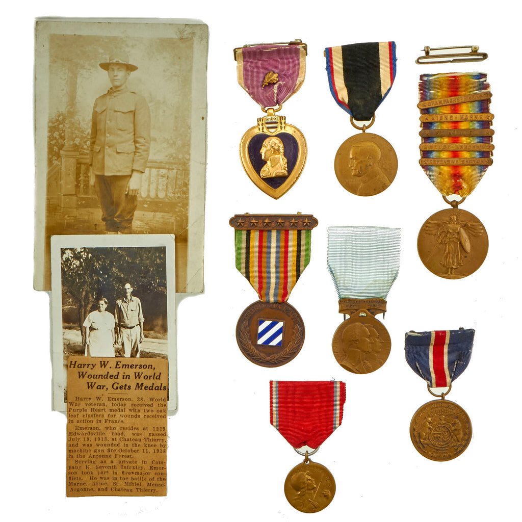 Original U.S. WWI Named 7th Infantry Engraved Purple Heart Medal Grouping With Pictures - Private Harry W. Emerson Original Items