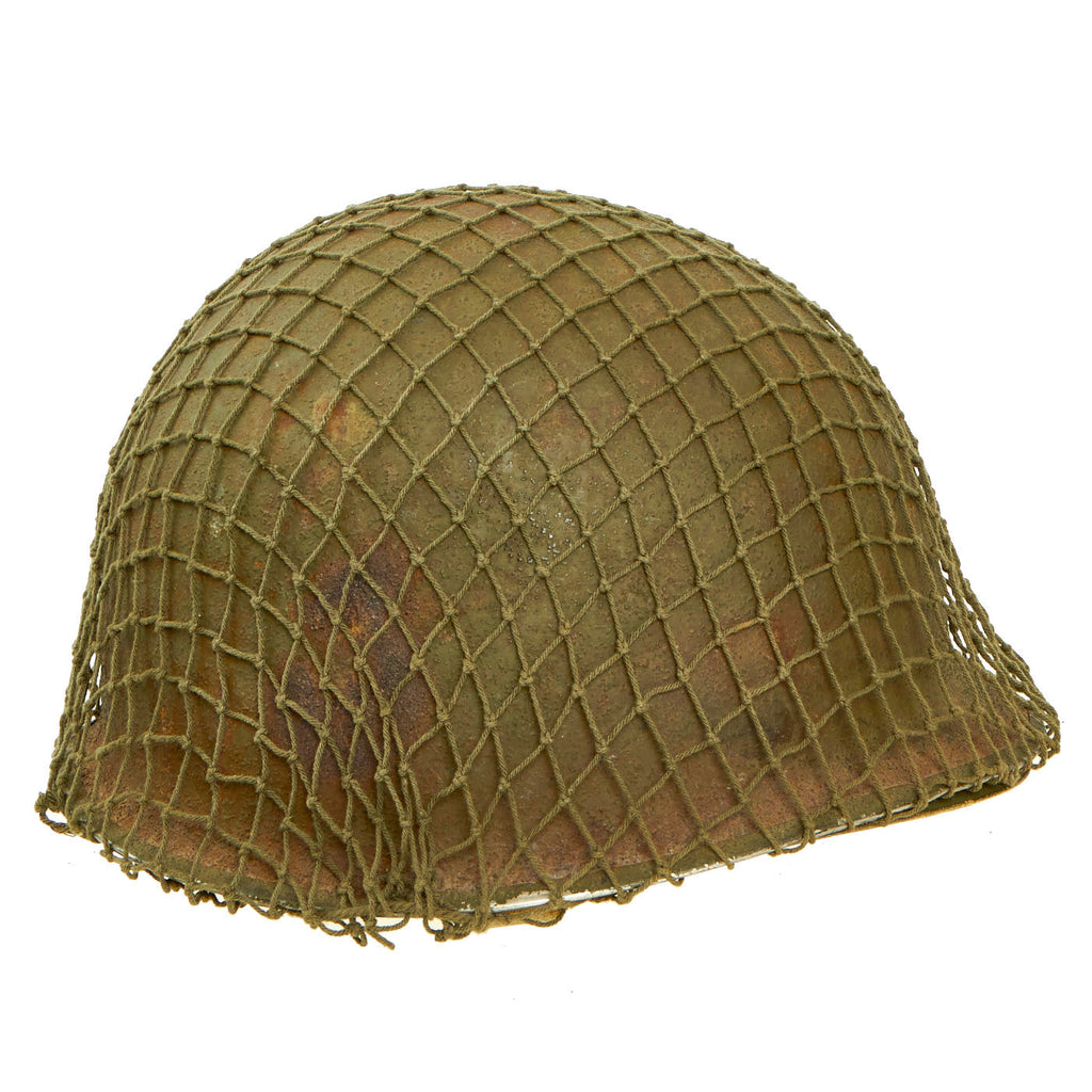 Original U.S. WWII 1943 M1 Schlueter Fixed Bale Helmet with Westinghouse Liner and Net Original Items