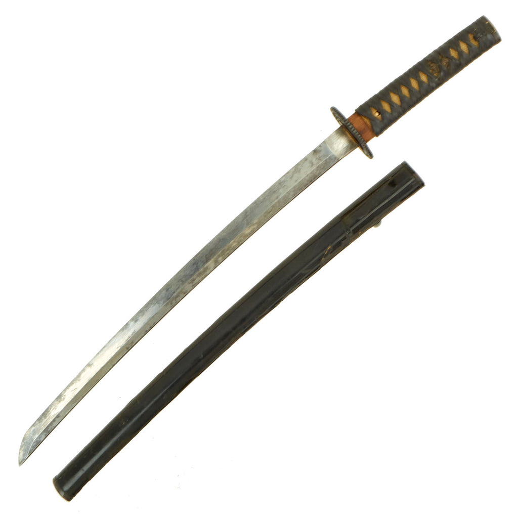 Original 18th Century Japanese Handmade Wakizashi Short Sword with Leather Wrapped Grip & Lacquered Scabbard Original Items