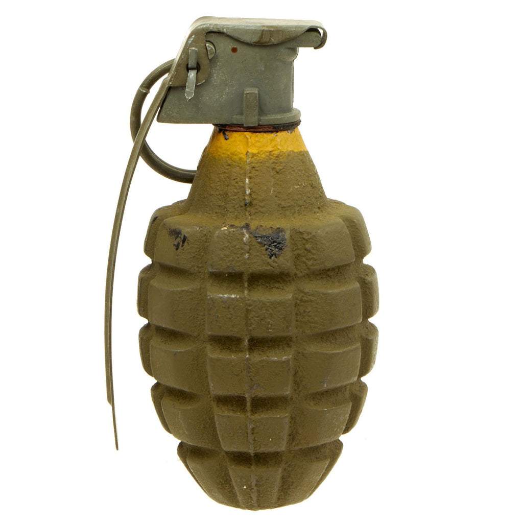 Original U.S. WWII Inert MkII Pineapple Grenade with Yellow Ring and M6A4C Fuze Original Items