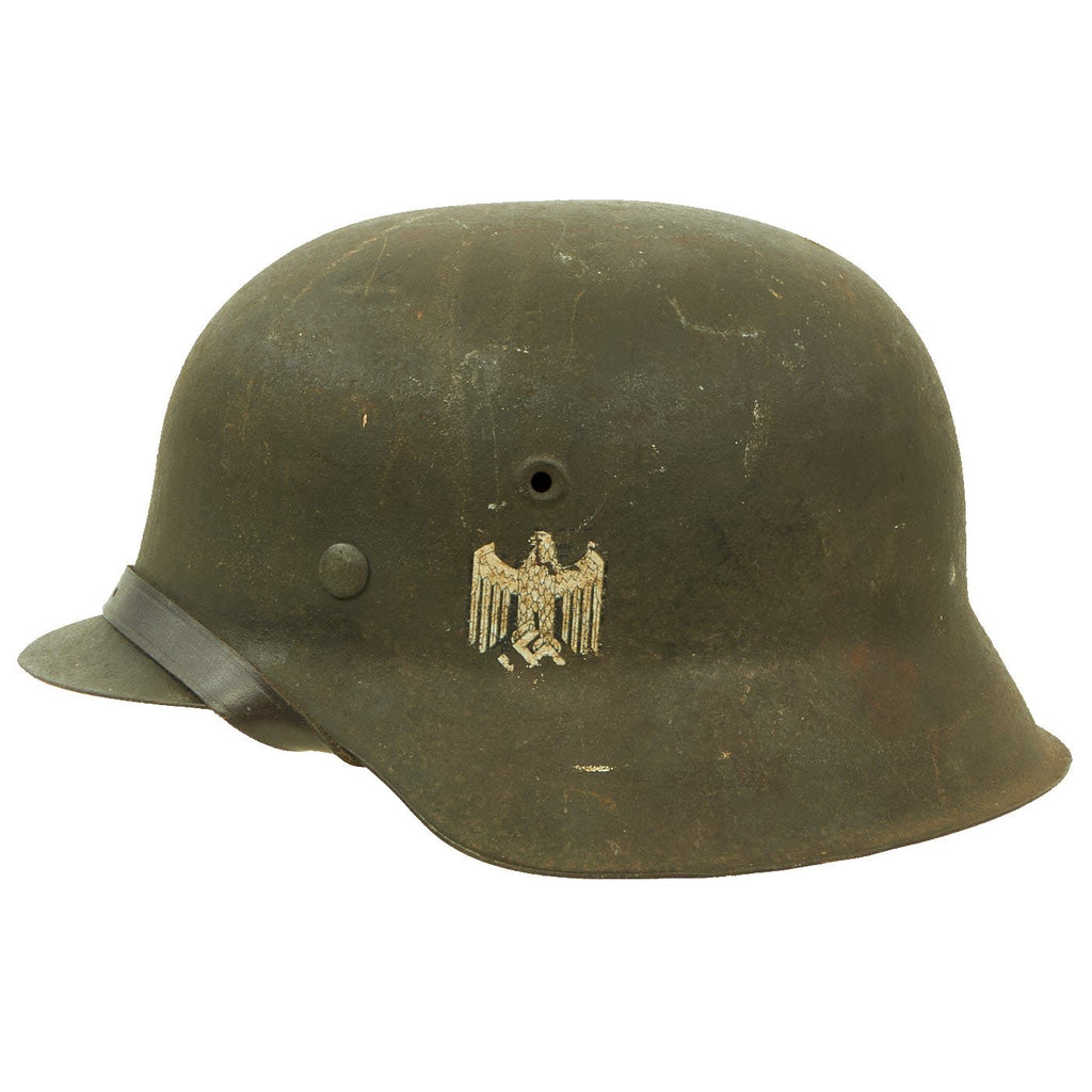 Original German WWII M42 Service Worn Single Decal Army Heer Helmet with Replica Chinstrap - EF66 Original Items