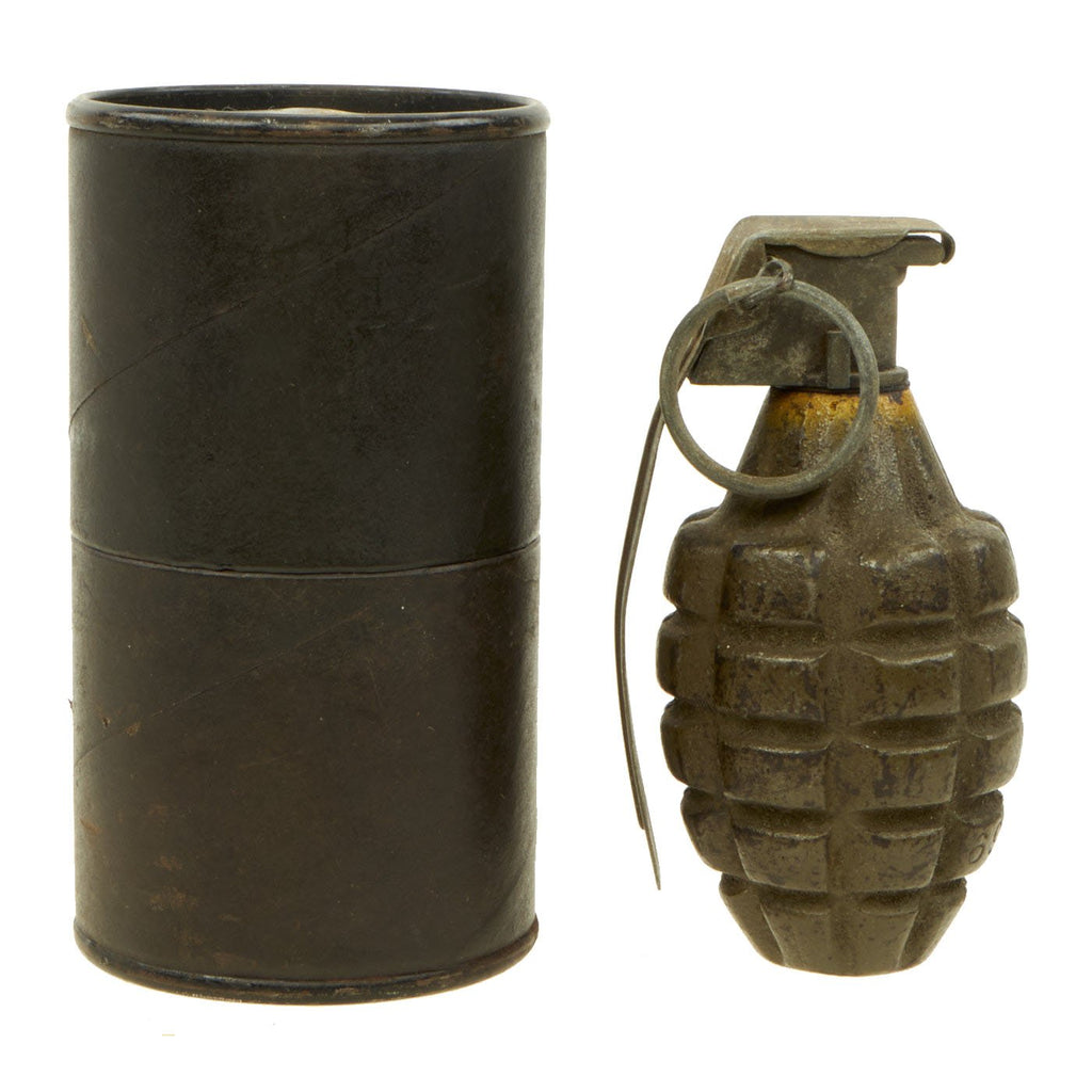Original U.S. WWII Inert MkII Pineapple Fragmentation Grenade with Yellow Ring in M41 Canister Original Items