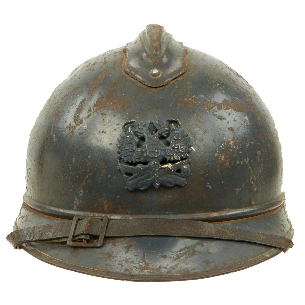 Original French WWI Model 1915 Adrian Helmet in Horizon Blue with Replica Badge Original Items