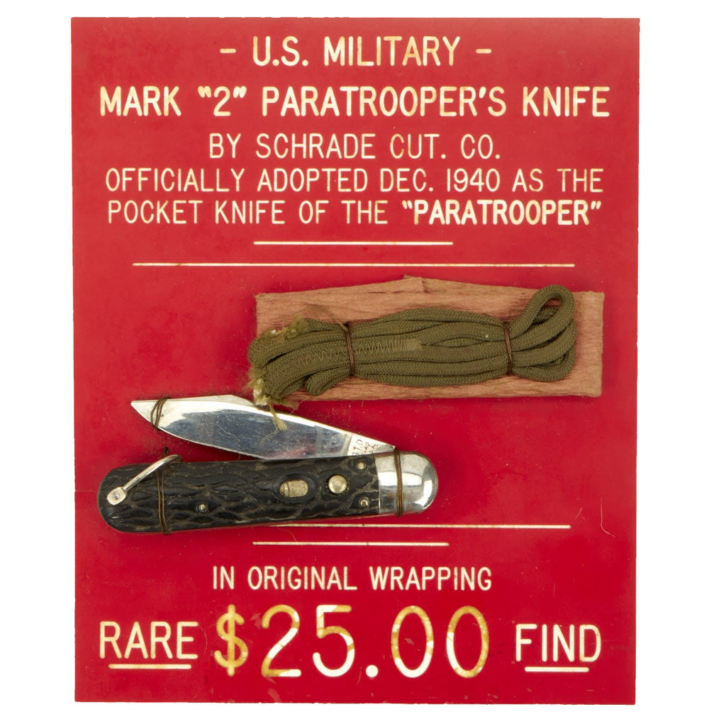 Original U.S. WWII Unissued Airborne Schrade "Presto" M2 Knife with Plastic Handle on Display Board Original Items