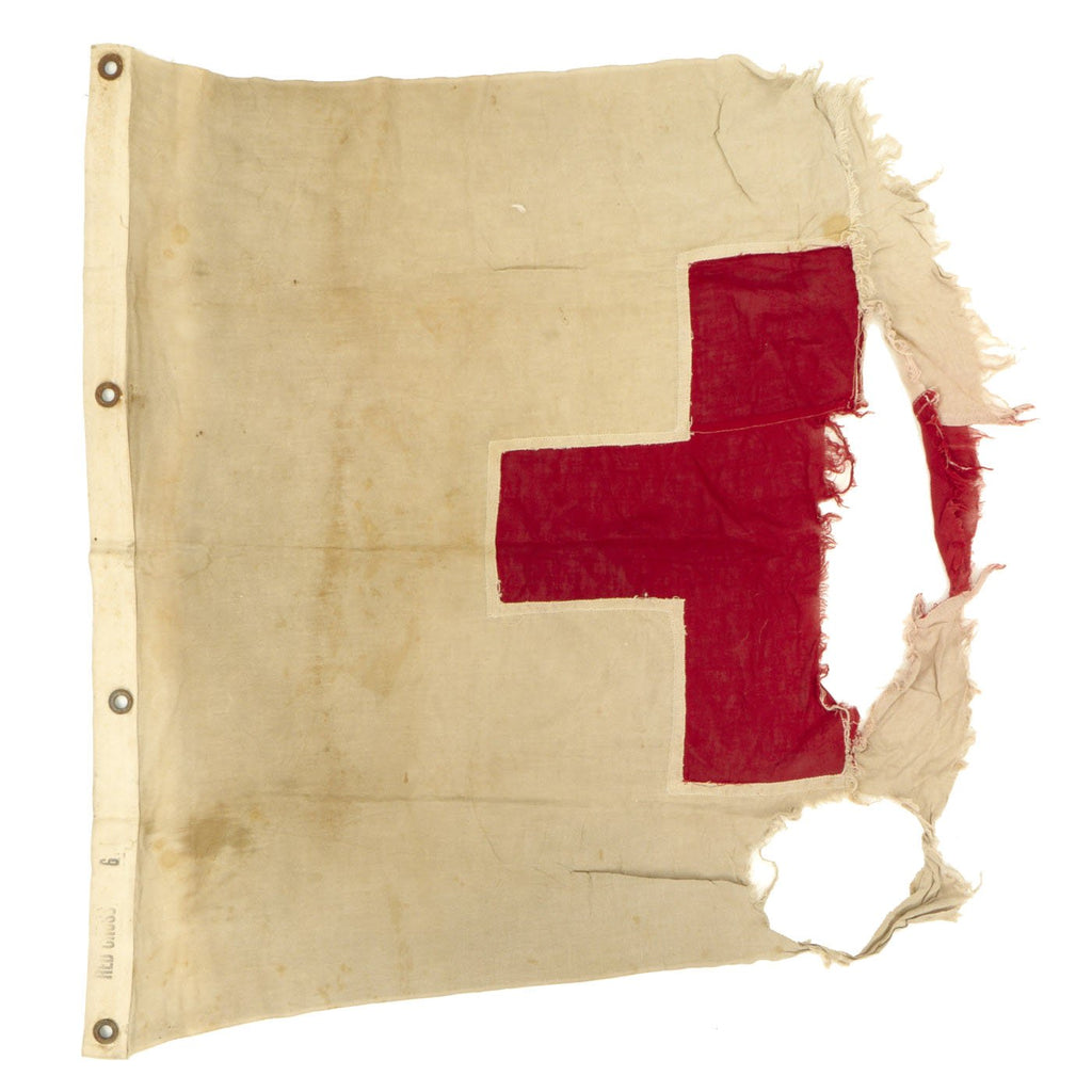 Original U.S. WWII Service Worn Red Cross Flag from Battle of Saipan Field Hospital marked to 105th Regt. Original Items