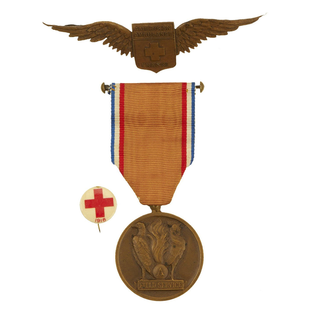 Original U.S. WW1 American Field Service Ambulance Corps Cap Badge and Medal with 1918 Red Cross Pin Original Items