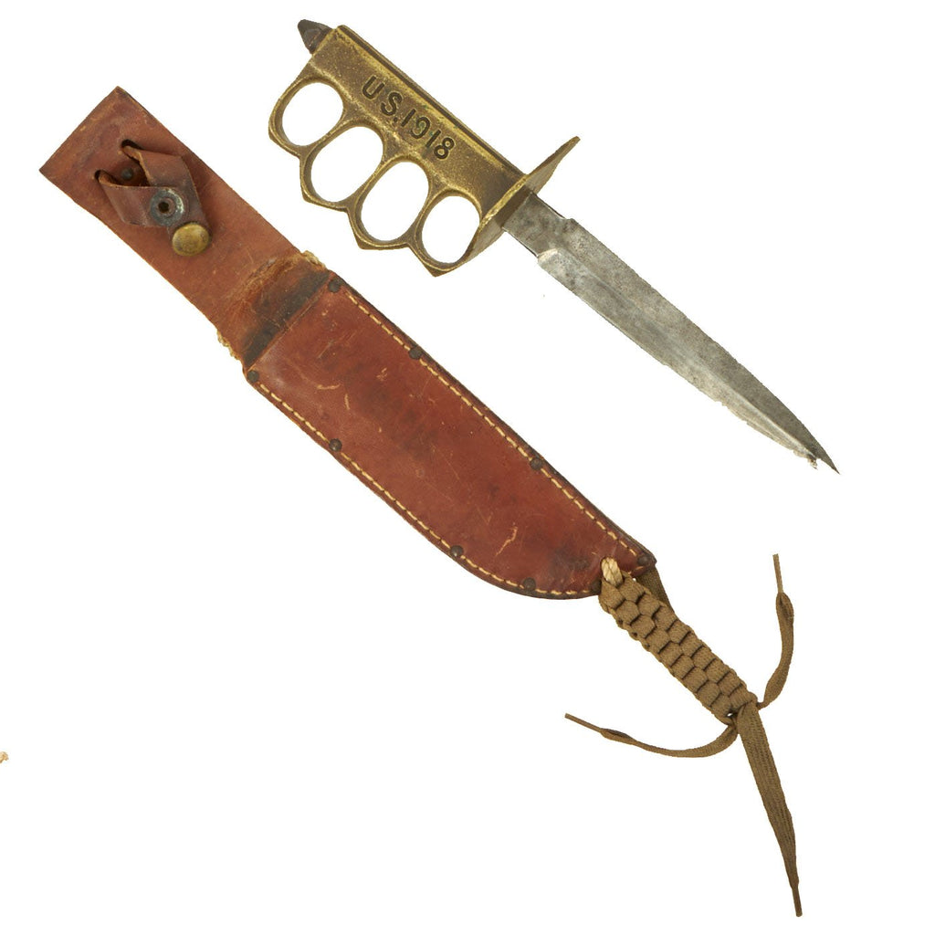 Original U.S. WWII Reissued M1918 Mark I Trench Knife by AU LION with Leather Scabbard Original Items