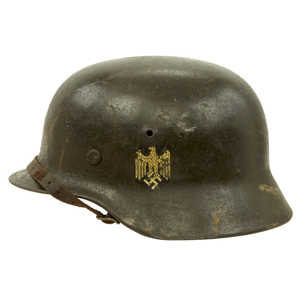 Original German WWII Extra Large M40 Single Decal Army Heer Helmet with 60cm Liner & Chinstrap - hkp68 Original Items