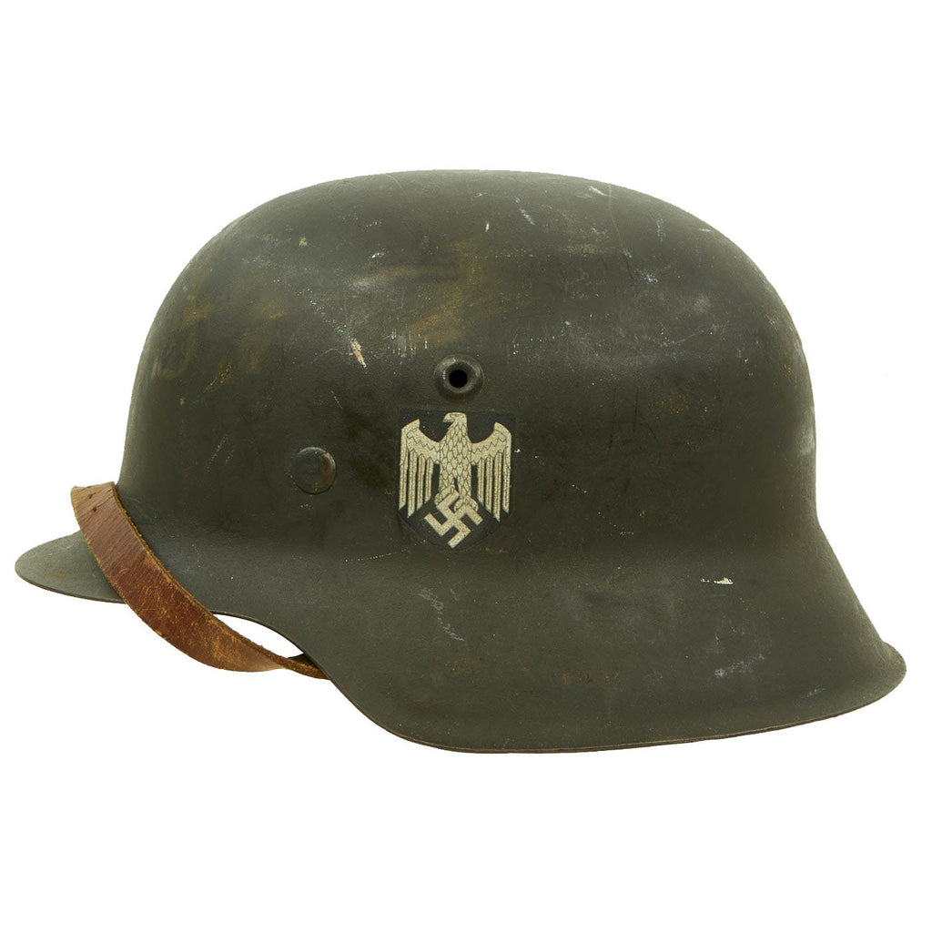 Original German WWII M42 Single Decal Army Heer Helmet with 57cm Liner & Chinstrap - stamped NS64 Original Items