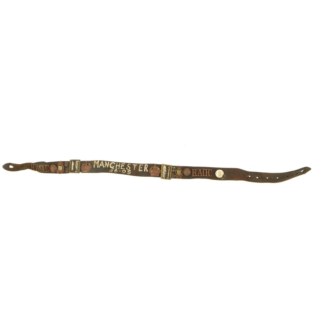 Original British WWI Manchester Regiment Souvenir Leather Belt with Attached Buttons, Badges & Insignia Original Items