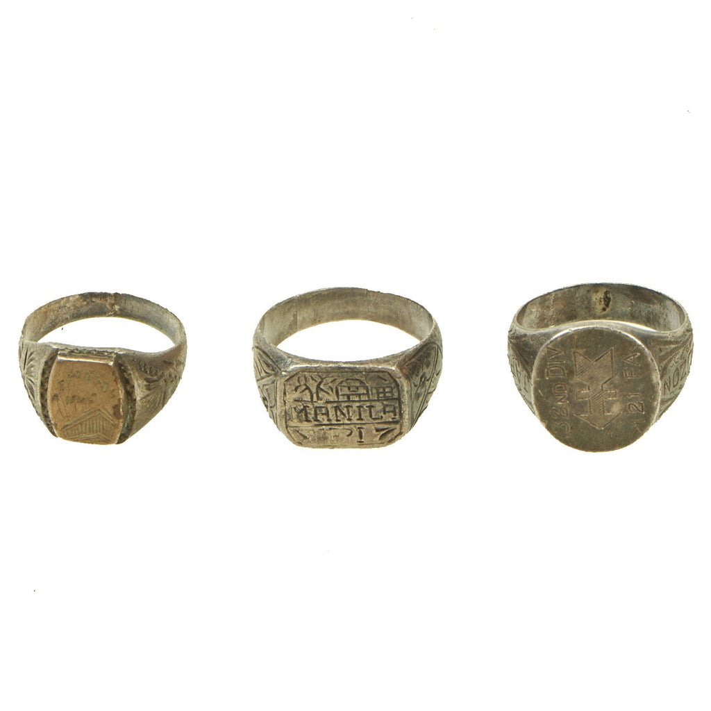 Original U.S. WWII Souvenir Ring Set - Athens 1945, Manila & 32nd Infantry Division 121st F.A. Original Items