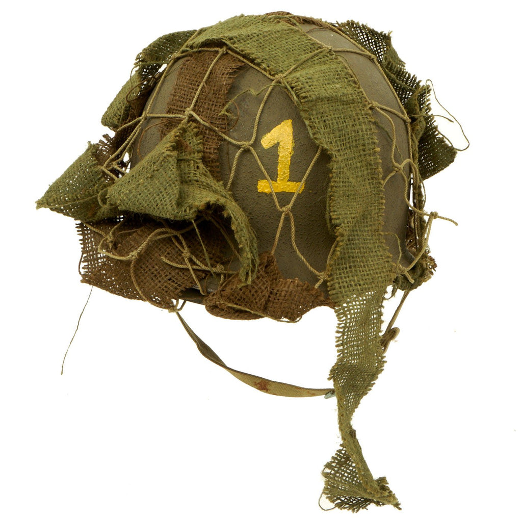 Original U.S. Late WWII M1 McCord Rear Seam Helmet with Int'l Molded Plastics Liner and Helmet Net Original Items