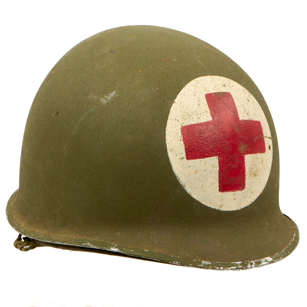 Original U.S. Korean War Medic M1 McCord Front Seam Swivel Bale Helmet with CAPAC Liner Original Items