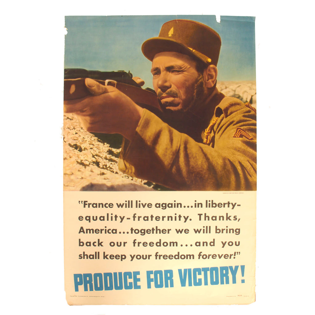Original U.S. WWII 1942 Produce for Victory “France Will Live Again” Propaganda Poster - BRITISH PRESS SERVICE Original Items