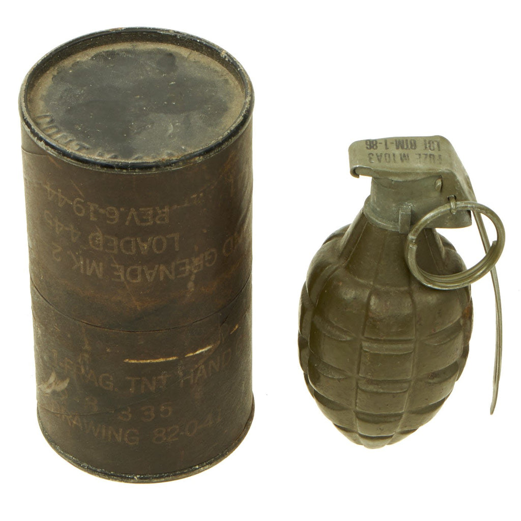 Original U.S. WWII Inert MkII Pineapple Fragmentation Grenade with M10A3 Fuze in M41A1 Canister Original Items