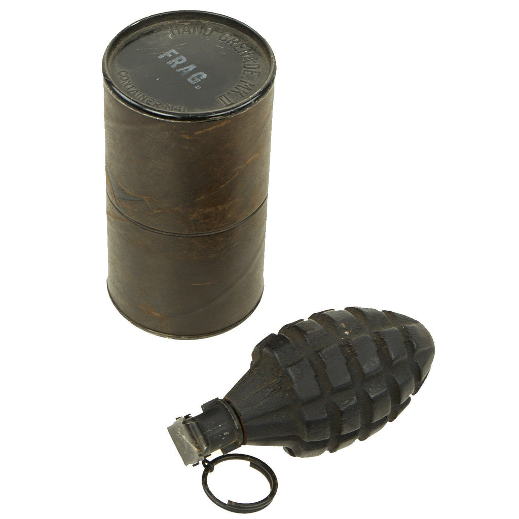 Original U.S. WWII Inert MkII Pineapple Fragmentation Grenade with M10A3 Fuze in M41 Canister Original Items
