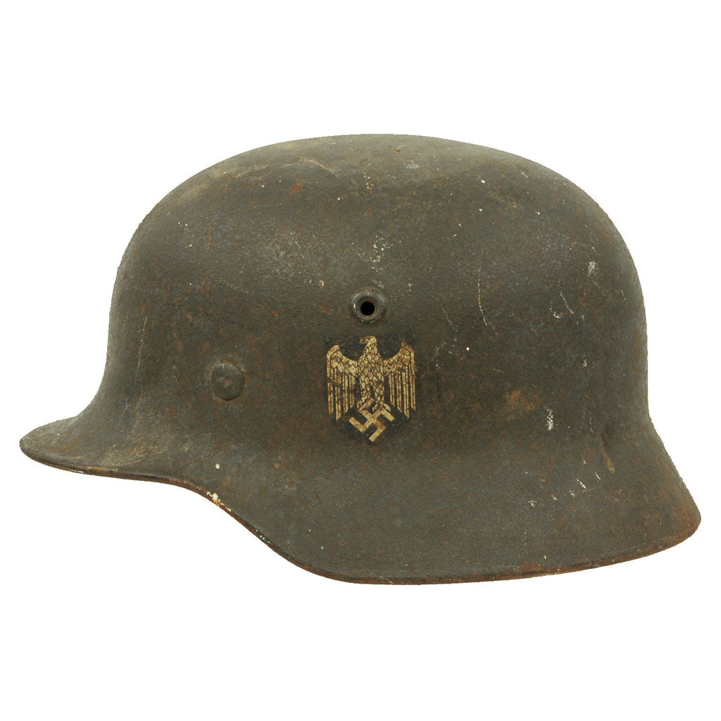 Original German WWII Army Heer M40 Service Worn Single Decal Steel Helmet with Textured Paint - Q64 Original Items