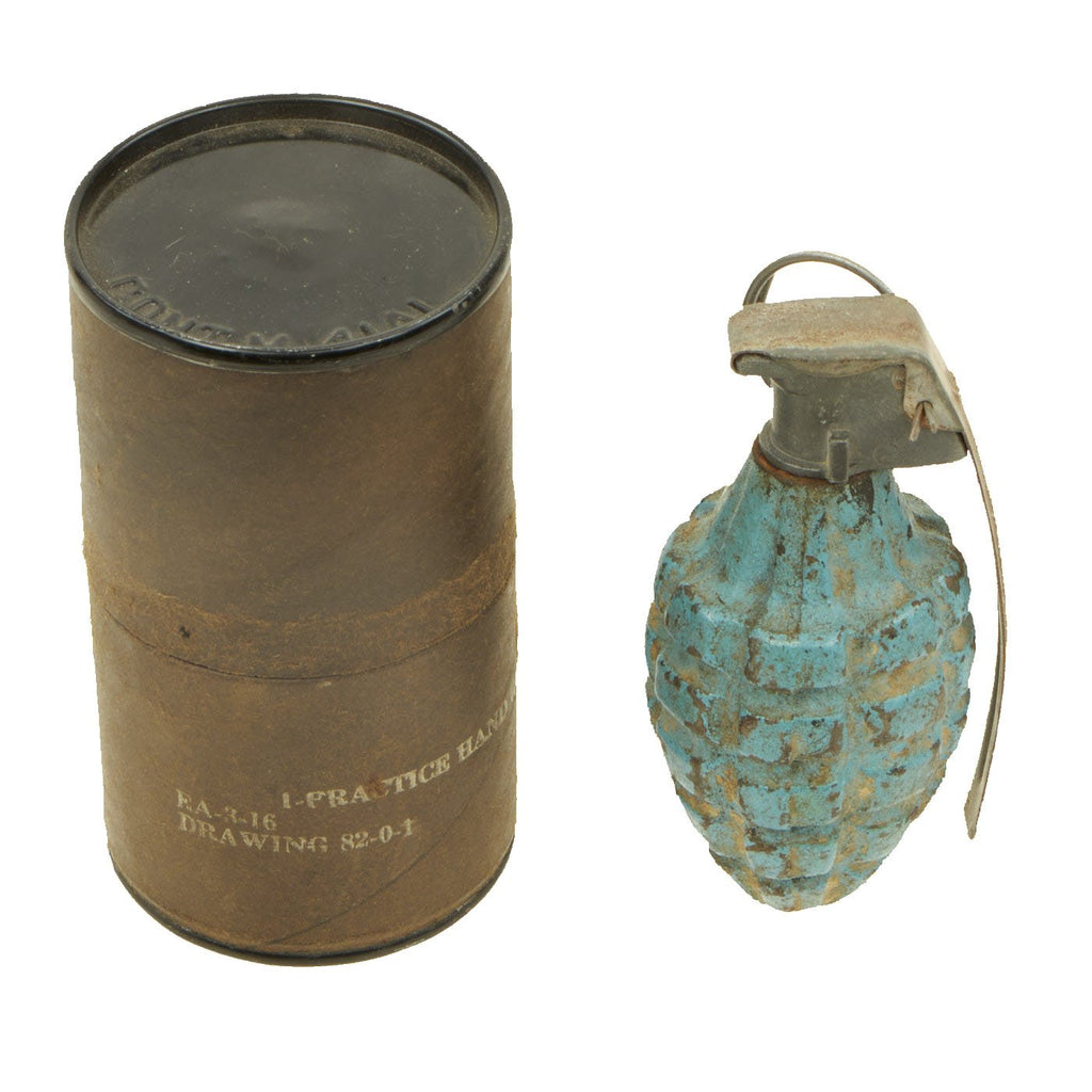 Original U.S. WWII M21 Practice MkII Pineapple Fragmentation Grenade with M10A3 Fuze in Canister Original Items