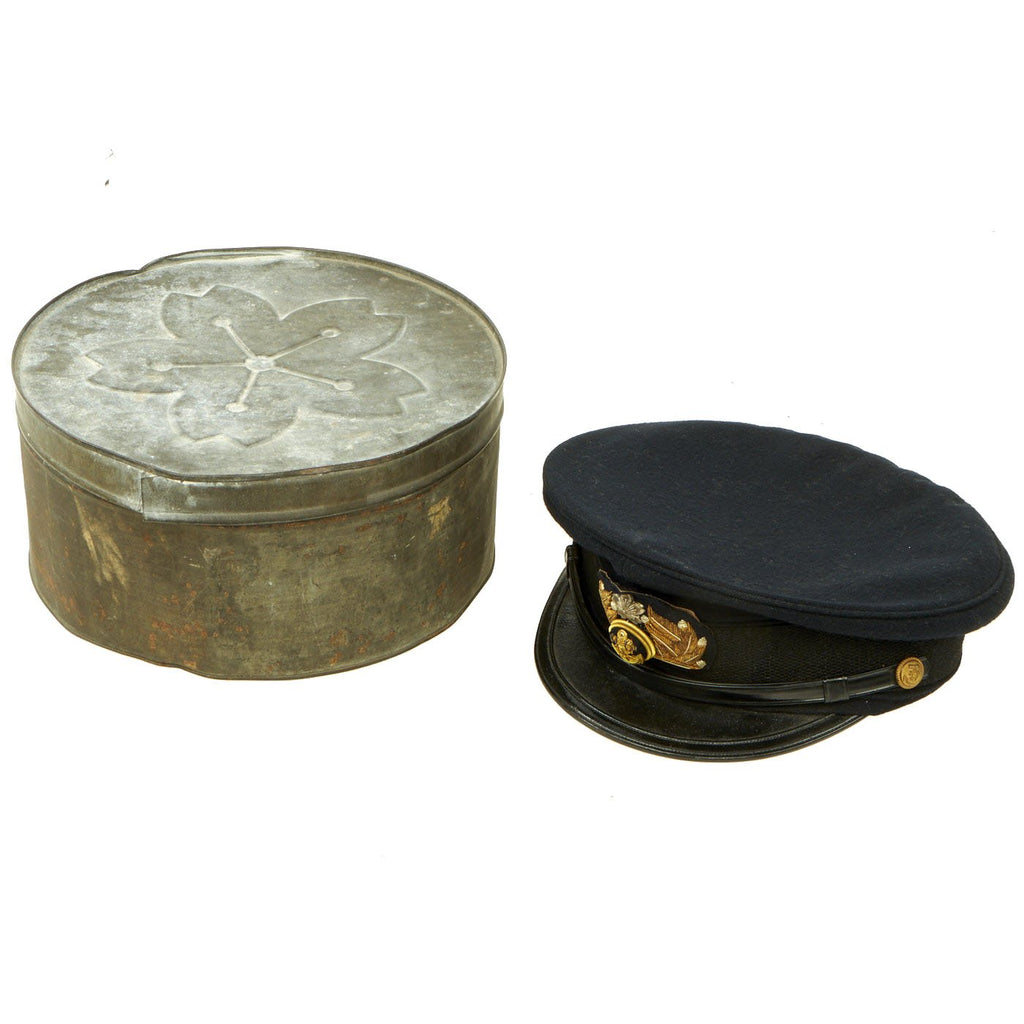Original WWII Imperial Japanese Navy Junior Officer Visor Cap in Transit Tin with White Cover & Postcard Original Items