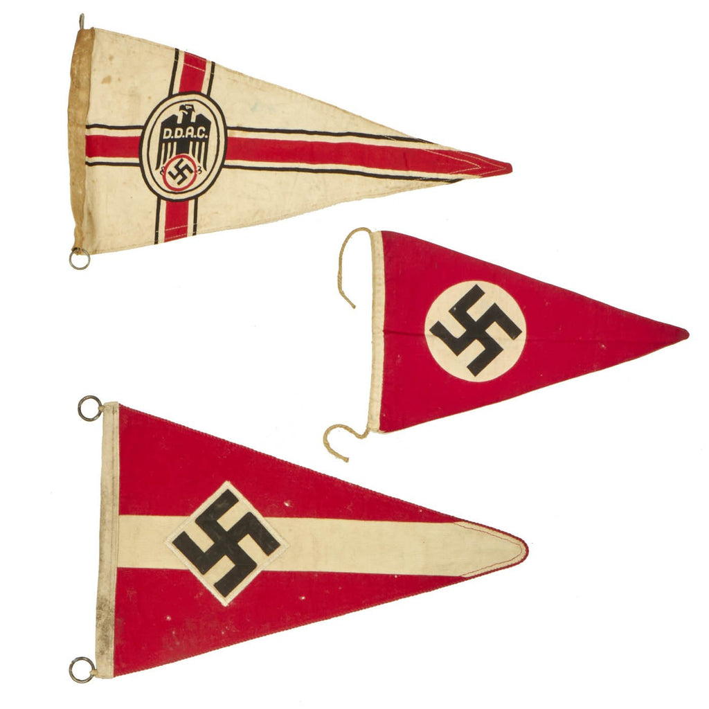 Original German WWII Set of Three Vehicle Pennant Flags - HJ Youth Organization, DDAC, and NSDAP Original Items