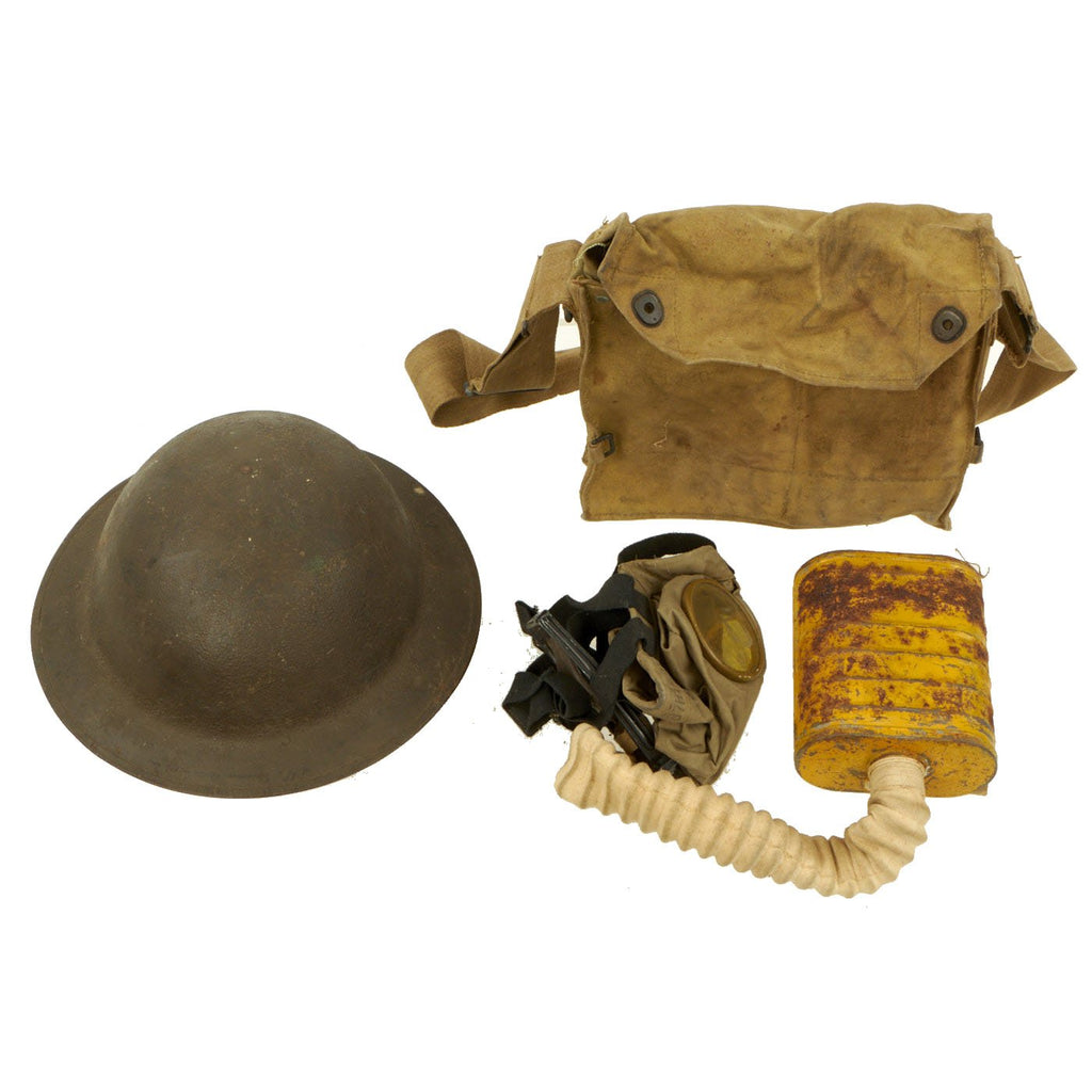 Original U.S. WWI M1917 Textured Paint Doughboy Helmet with SBR Gas Mask & Filter in Bag Original Items