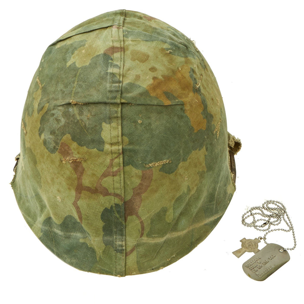 Original U.S. Vietnam M1 Helmet with USMC Camo Cover, Dog Tag & Lutheran Cross Original Items