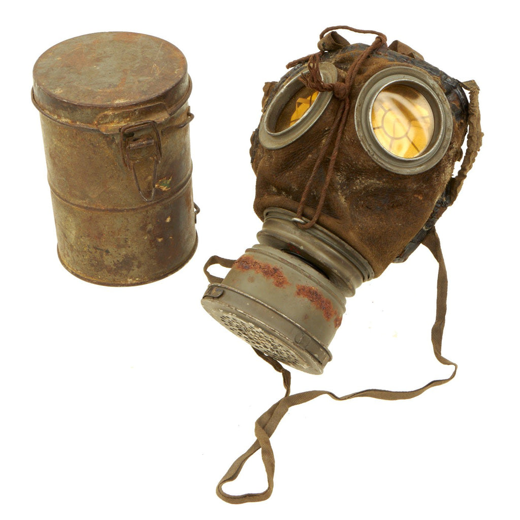 Original Imperial German WWI M1917 Ledermaske Leather Gas Mask with Can, Filter & Extra Lens Inserts - dated 1918 Original Items