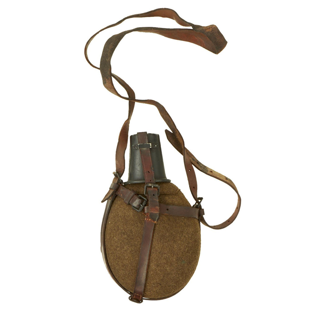 Original German Pre-WWII Large Medic Aluminum M31 Canteen with Aluminum Cup & Brown Leather Harness Original Items