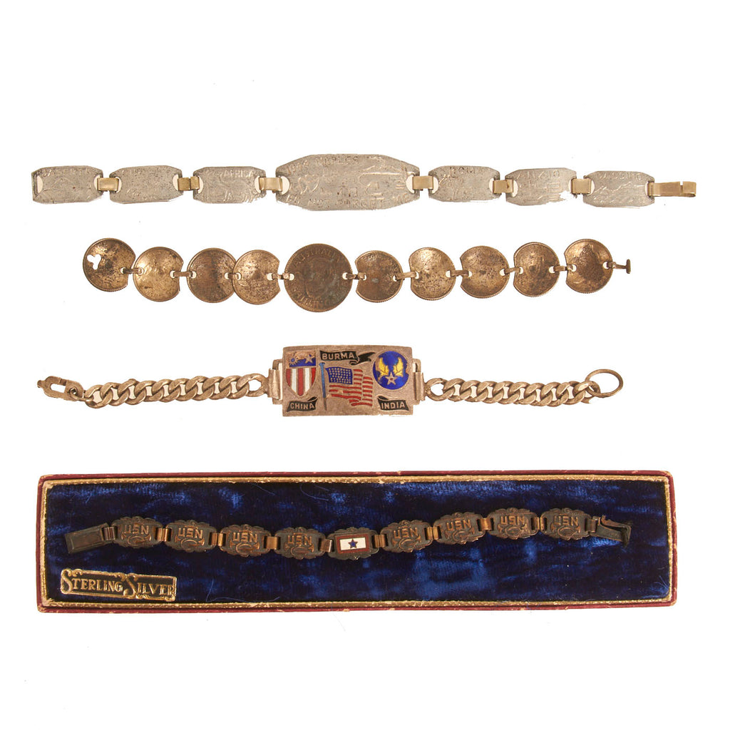 Original U.S. WWII Sweetheart Trench Art Bracelet Grouping - 4 Items Original Items
