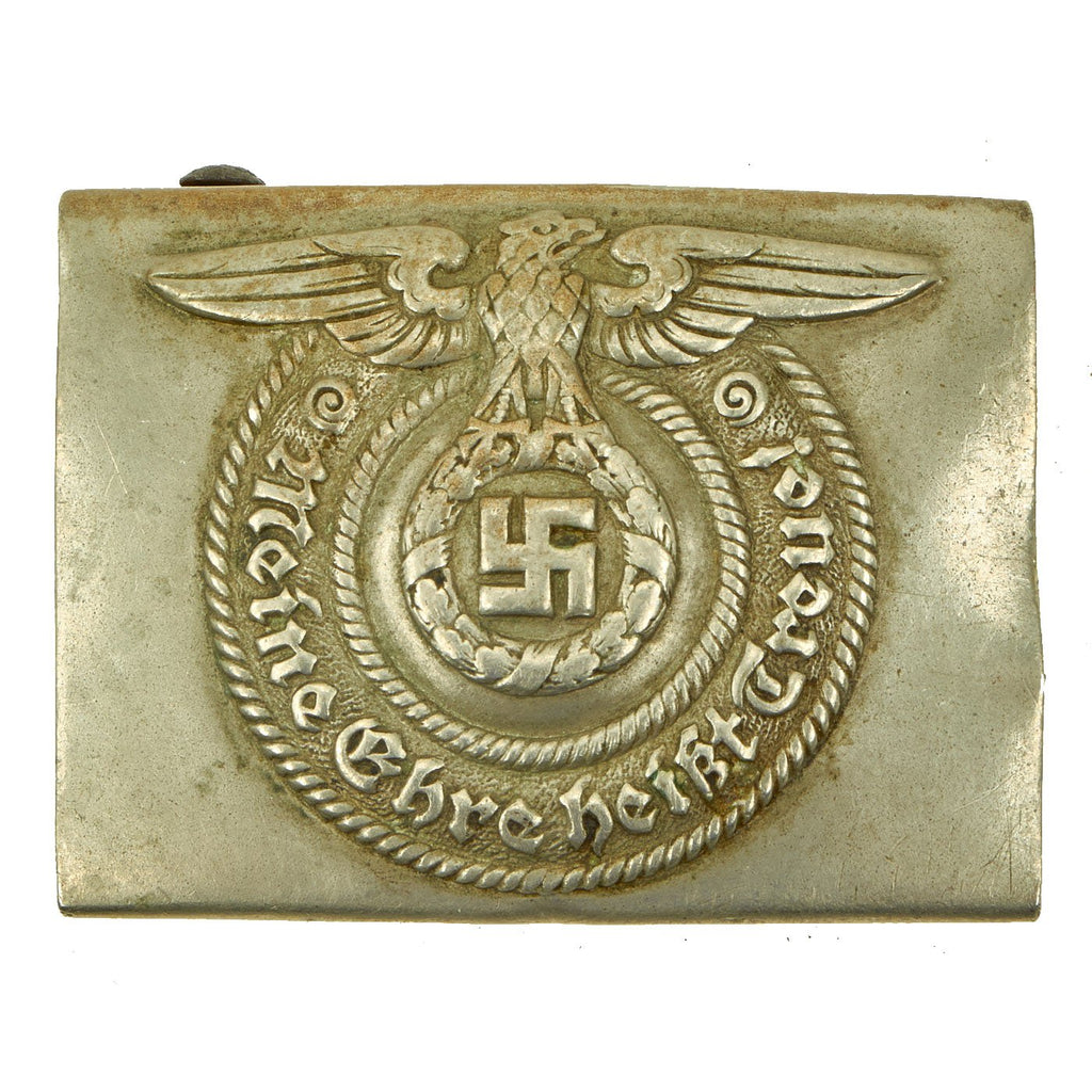Original German WWII Early SS EM/NCO Nickel Belt Buckle by Overhoff & Cie - Schutzstaffel Original Items