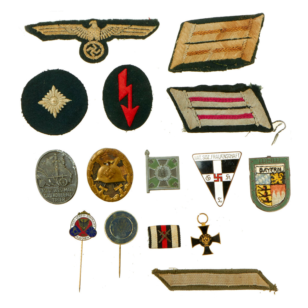 Original German WWII Wehrmacht and Civilian Medals and Uniform Insignia Lot - 15 Items Original Items