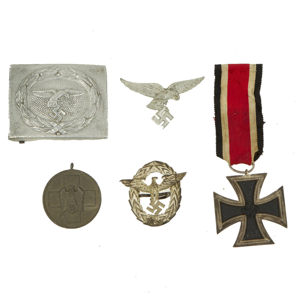Original German WWII Luftwaffe Belt Buckle & Insignia Grouping with EKII - 5 Items Original Items