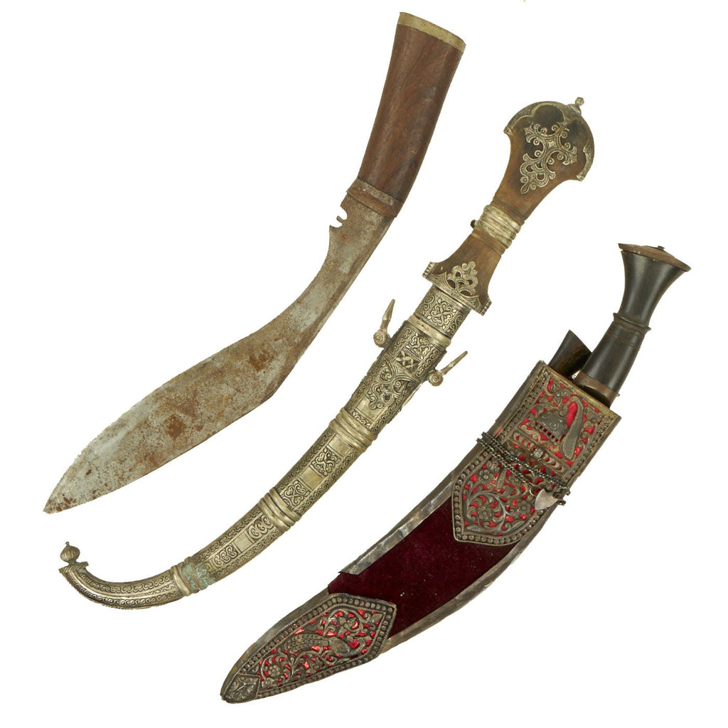 Original Lot of 3 Edged Weapons from India & North Africa - Two Kukris and One Jambiya Dagger Original Items