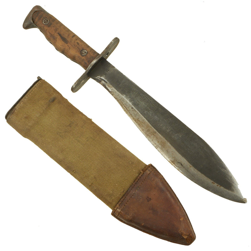 Original U.S. WWI Model 1917 Bolo Knife by Plumb Philadelphia with Damaged Canvas Scabbard - dated 1918 Original Items