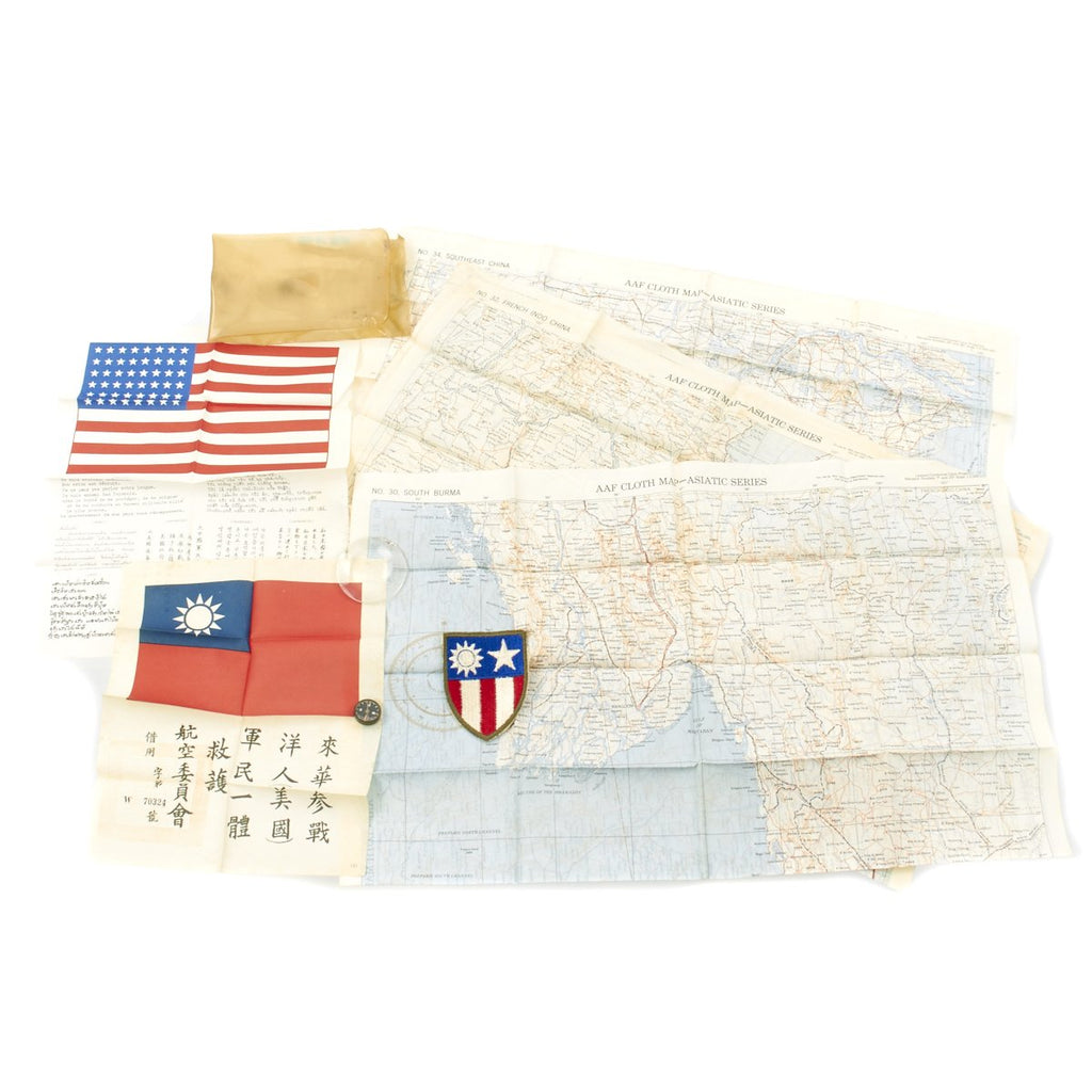 Original U.S. WWII USAAF China Burma India Blood Chit & Asiatic Series Map Survival Set Original Items
