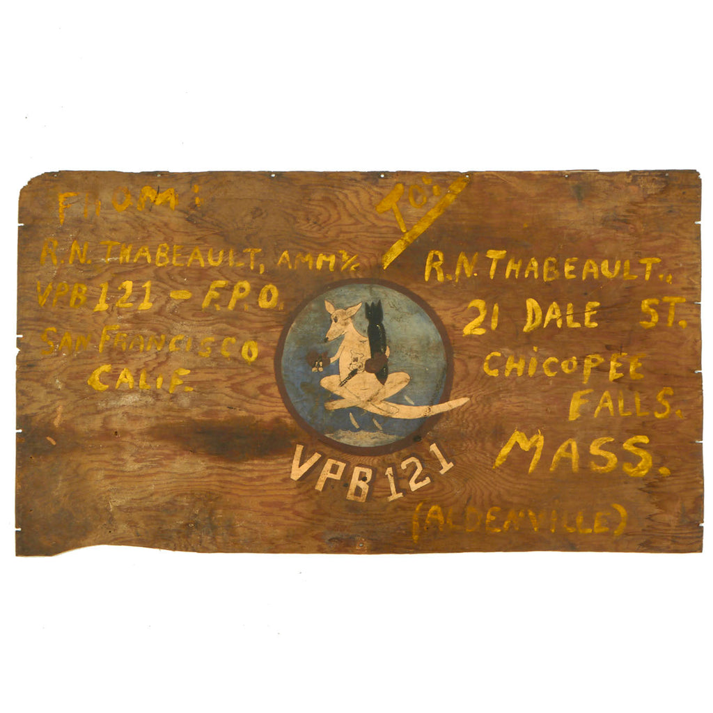 Original U.S. WWII Patrol Bombing Squadron 121 Painted Wood Sign Named To Hiroshima Bombing Escort Pilot Romuald N. Thabeault - 30” x 17” Original Items