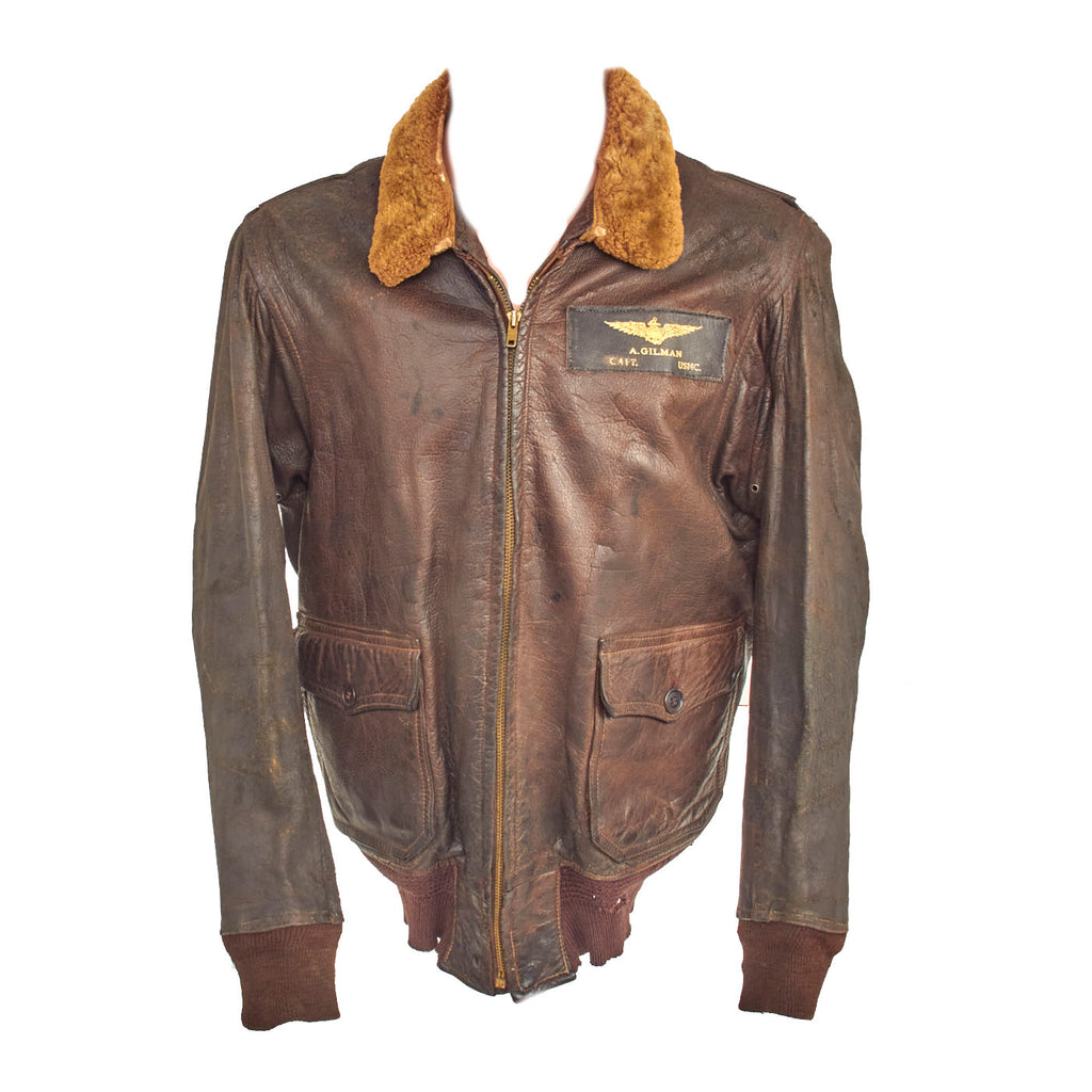 Original U.S. WWII Named US Marine Corps Pilot G-1 Leather Flying Jacket - Captain A. Gilman - Distinguished Flying Cross Recipient Original Items