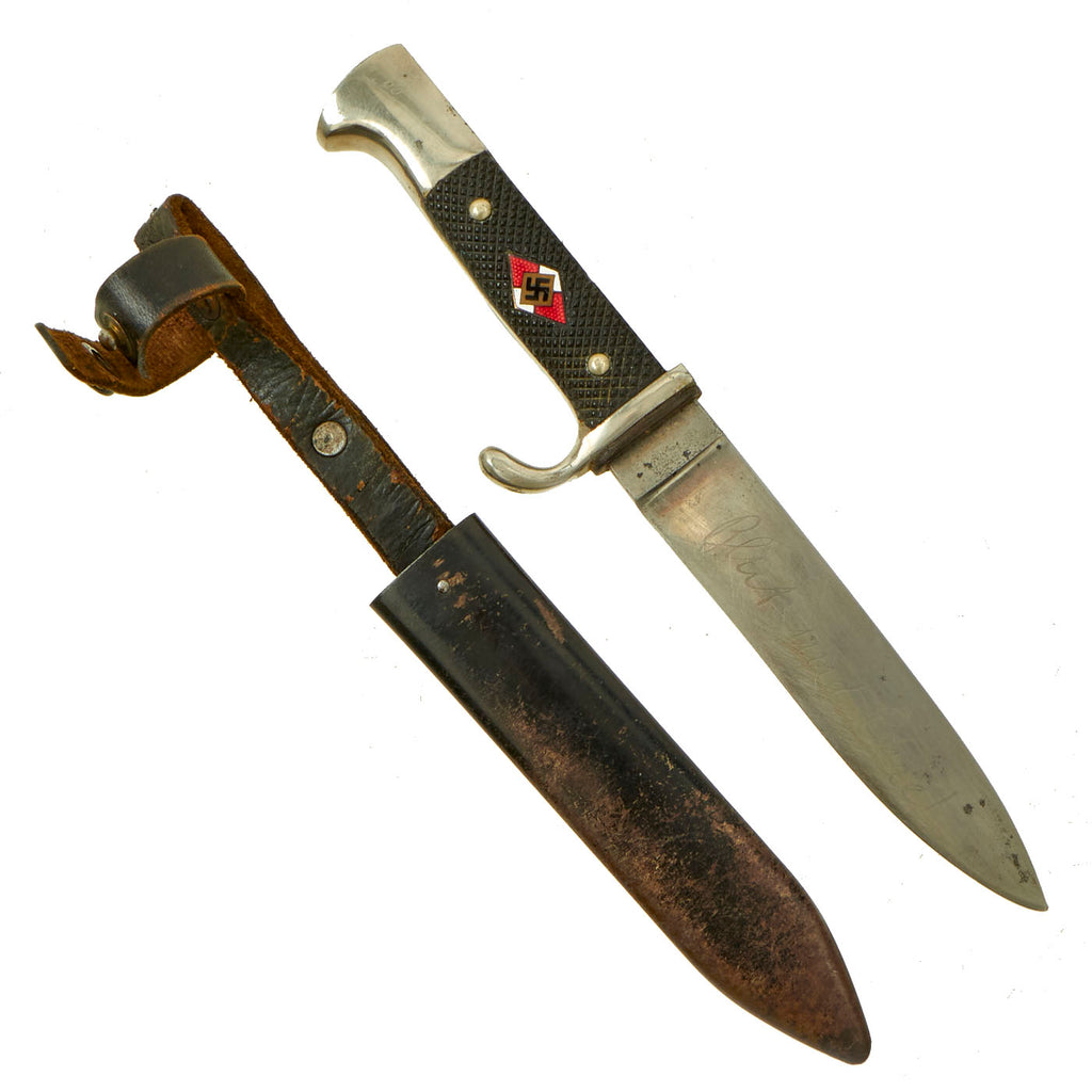 Original German WWII Transitional HJ Knife with Motto by Anton Wingen Jr. with Scabbard - RZM M7/51 1936 Original Items