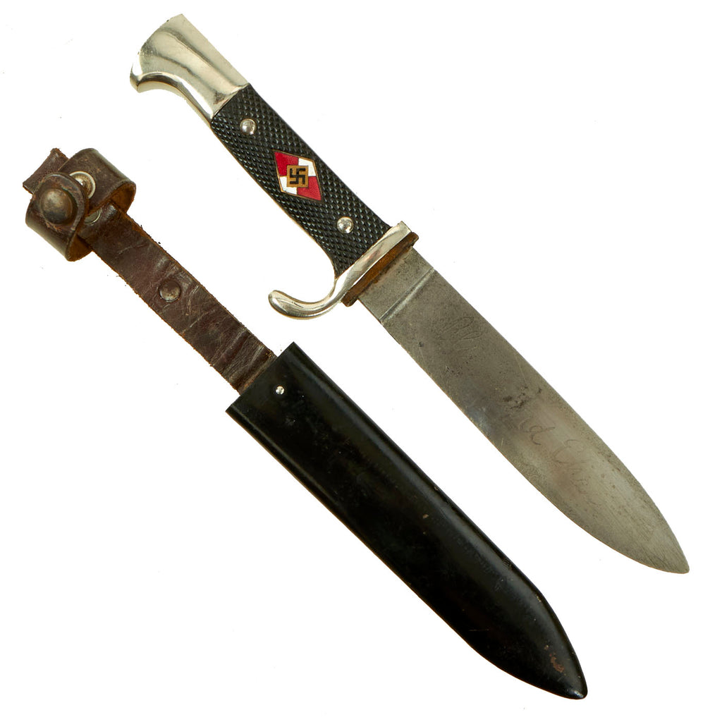 Original German WWII Transitional HJ Knife with Motto by Tigerwerk Lauterjung & Co. with Scabbard - RZM M7/68 Original Items
