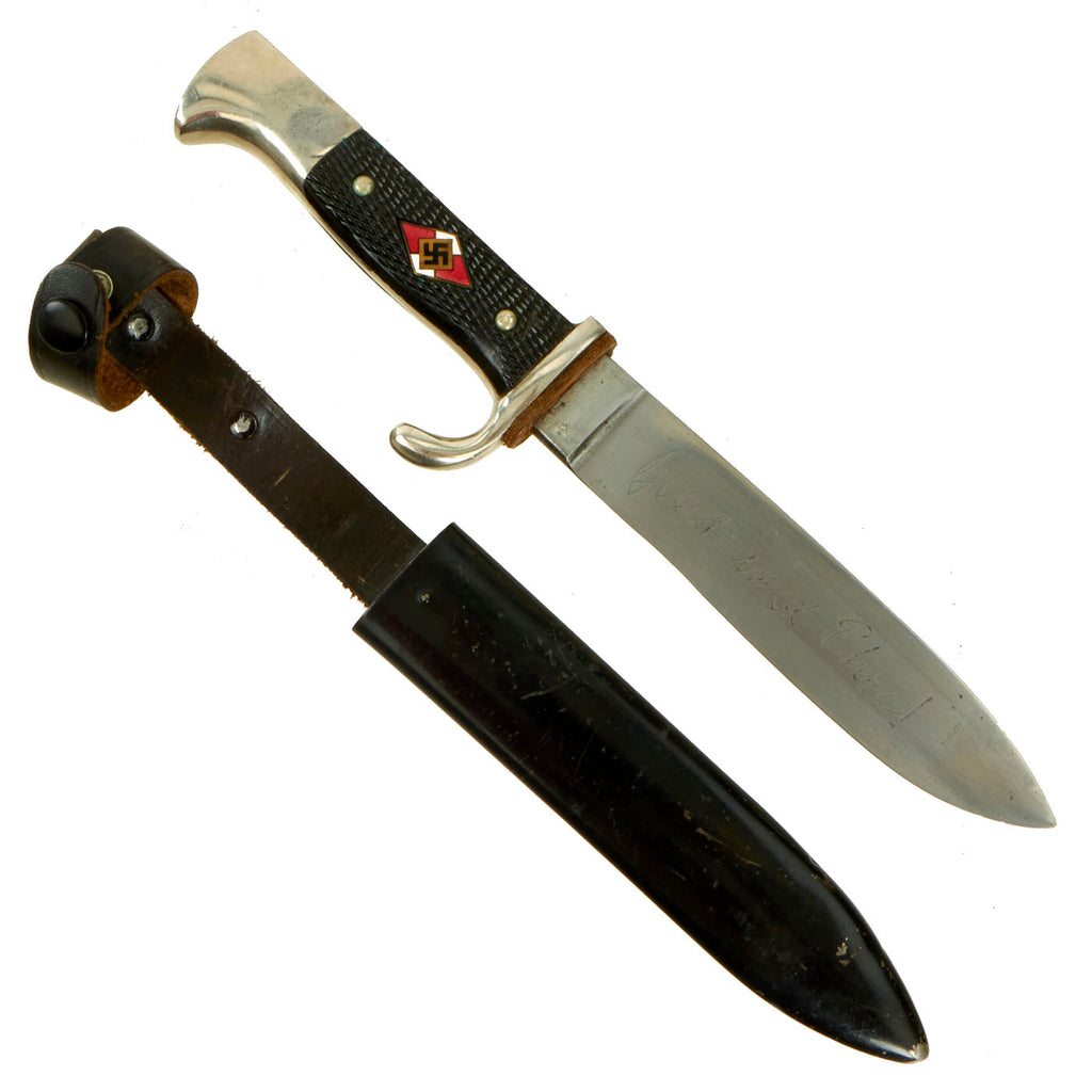 Original German WWII Transitional HJ Knife with Motto by Rare Maker P.D. Lüneschloss with Scabbard - RZM M7/14 1936 Original Items