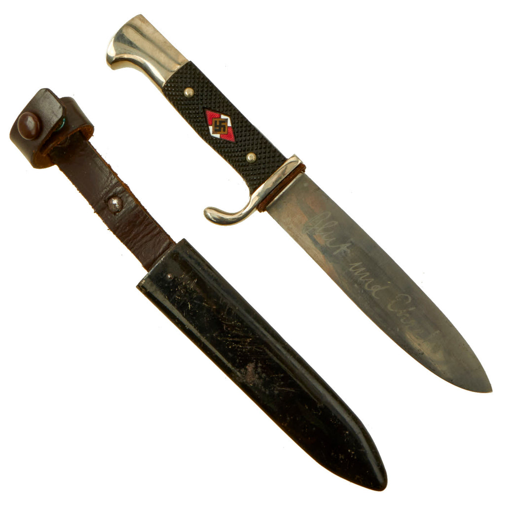 Original German WWII Early Motto-Marked HJ Knife by Rare Maker Anton Wingen Jr. with Scabbard Original Items
