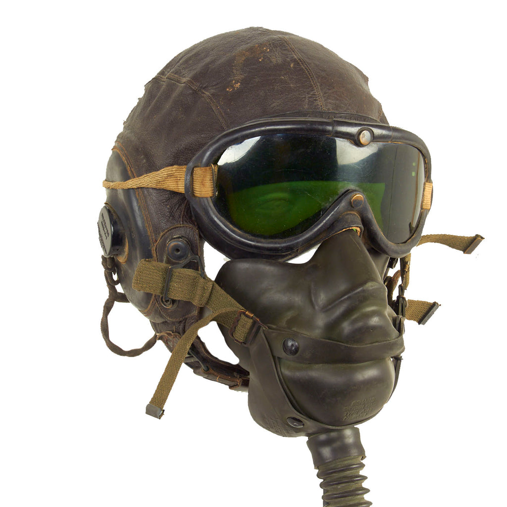 Original U.S. WWII Army Air Forces Aviator A-11 Flight Helmet Set - A-14 Mask, Type ANB-H-1 Earphones, B-8 Goggles Original Items